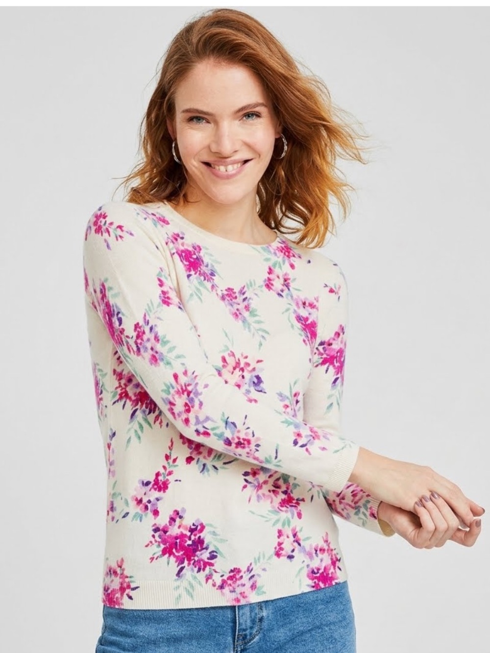 Women’s 100% Cashmere Romantic Pink Hues Floral Sweater - capsule wardrobe